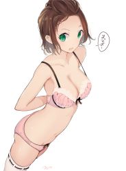 Rule 34 | 1girl, :o, arched back, armpits, arms behind back, bare arms, bare shoulders, black bow, black ribbon, bow, bow bra, bow panties, bra, breasts, brown hair, cleavage, collarbone, commentary request, cowboy shot, forehead, from above, green eyes, hair slicked back, highres, lace, lace-trimmed bra, lace trim, looking at viewer, medium breasts, open mouth, original, panties, pink bra, pink panties, ribbon, ribbon-trimmed legwear, ribbon trim, shiny skin, simple background, solo, speech bubble, standing, stomach, strap gap, talking, tareme, tebi (tbd11), thighhighs, translated, underwear, underwear only, white background, white thighhighs