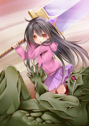 Rule 34 | 1girl, black hair, blush, brown eyes, child, colored skin, commentary request, creek (moon-sky), crying, crying with eyes open, dragonslayer (sword), fingernails, green skin, hair between eyes, highres, holding, holding weapon, hood, hood down, hoodie, huge weapon, long fingernails, long hair, long sleeves, looking at viewer, looking to the side, lying, on back, orc, original, parted lips, pink hoodie, pleated skirt, pocket, purple eyes, purple skirt, skirt, standing, tears, very long hair, weapon, youjo (creek (moon-sky))
