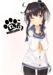 Rule 34 | 1girl, ;), anchor symbol, beritabo, black hairband, black ribbon, blue sailor collar, blush, brown eyes, brown hair, brown pantyhose, closed mouth, commentary request, cowboy shot, dress, fang, fangs, gradient background, grey hair, hair ribbon, hairband, hands up, kantai collection, long hair, long sleeves, neckerchief, one eye closed, panties, pantyhose, ribbon, sailor collar, sailor dress, short hair with long locks, side-tie panties, sidelocks, sleeves past wrists, smile, smokestack, solo, tokitsukaze (kancolle), underwear, white dress, white panties, yellow neckerchief