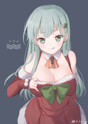 Rule 34 | 1girl, :q, blue background, breasts, character name, cleavage, detached sleeves, dress, emia wang, fur trim, green eyes, green hair, hair ornament, hairclip, kantai collection, large breasts, long hair, looking at viewer, red dress, santa costume, simple background, sleeves past wrists, solo, suzuya (kancolle), tongue, tongue out, weibo watermark