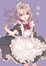 Rule 34 | 1girl, :o, alternate costume, apron, brown eyes, dress, enmaided, frilled dress, frills, grey hair, hair between eyes, high ponytail, kantai collection, long hair, looking at viewer, maid, maid apron, maid headdress, mitsuyo (mituyo324), neck ribbon, puffy short sleeves, puffy sleeves, purple background, red ribbon, ribbon, short sleeves, simple background, solo, star (symbol), zuihou (kancolle)