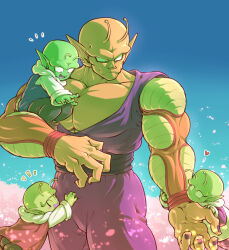 Rule 34 | 4boys, :d, ^ ^, antennae, arm hug, biceps, black nails, black pants, black sash, blue sky, blush, boots, brown footwear, carrying, character request, child, closed eyes, closed mouth, colored skin, colored tongue, commentary request, cowboy shot, day, dougi, dragon ball, dragon ball super, dragon ball super super hero, fangs, fingernails, green skin, happy, heart, highres, hug, koukyouji, large pectorals, long sleeves, looking at another, looking down, male focus, multiple boys, muscular, muscular male, namekian, notice lines, open mouth, orange piccolo, orange skin, outdoors, outstretched arm, pants, pectorals, piccolo, pointy ears, purple tongue, red eyes, round teeth, sash, sky, smile, smirk, standing, teeth, tongue, v-shaped eyebrows