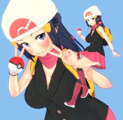 Rule 34 | 3d, alternate breast size, artist request, bag, beanie, black shirt, black socks, blue eyes, blue hair, boots, bracelet, breasts, creatures (company), dawn (pokemon), dot nose, duffel bag, eyelashes, floating hair, floating scarf, full body, game freak, gold bracelet, hair ornament, hairclip, hand on own hip, hand up, hat, highres, holding, holding poke ball, jewelry, knee boots, kneehighs, knees, long hair, looking at viewer, medium breasts, miniskirt, multiple views, nintendo, pink footwear, pink scarf, pink skirt, poke ball, poke ball (basic), poke ball print, pokemon, pokemon dppt, poketch, scarf, shiny skin, shirt, sidelocks, simple background, skirt, sleeveless, sleeveless shirt, smile, socks, solo, standing, thighs, v, watch, white background, white hat, wide hips, wristwatch, yellow bag