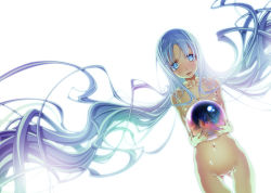 Rule 34 | 1girl, blue eyes, blue hair, blush, breasts, character request, cleavage, copyright request, gluteal fold, highres, huge filesize, long hair, looking at viewer, navel, nude, open mouth, orb, sakuya tsuitachi, shiny skin, simple background, solo, teeth, very long hair, white background, ys
