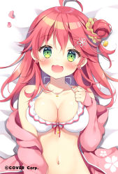 Rule 34 | 1girl, :d, ahoge, bikini, blush, breasts, cleavage, commentary request, copyright notice, dakimakura (medium), earrings, flower, flower earrings, green eyes, hair between eyes, hair bun, hair flower, hair ornament, hairclip, hand up, hololive, hood, hood down, hooded jacket, jacket, jewelry, long hair, long sleeves, medium breasts, navel, off shoulder, official art, open clothes, open jacket, open mouth, pan (mimi), petals, pink jacket, red hair, sakura miko, side bun, single hair bun, single side bun, sleeves past wrists, smile, solo, swimsuit, upper body, virtual youtuber, watermark, white bikini