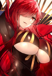 Rule 34 | 1girl, arm up, black bodysuit, bodysuit, breasts, cape, clothing cutout, commentary request, fate/grand order, fate (series), grin, hair over one eye, large breasts, licking lips, long hair, looking at viewer, oda nobunaga, oda nobunaga (fate), oda nobunaga (koha-ace), oda nobunaga (maou avenger) (fate), parted lips, red eyes, red hair, skindentation, smile, solo, sora 72-iro, tongue, tongue out, underboob, underboob cutout, upper body, very long hair