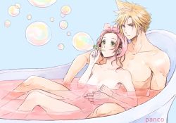 Rule 34 | 1boy, 1girl, aerith gainsborough, ancotsubu, arm around waist, asymmetrical hair, bath, bathtub, blonde hair, blue background, blue eyes, bow, breasts, brown hair, bubble, bubble bath, blowing bubbles, cleavage, cloud strife, completely nude, couple, final fantasy, final fantasy vii, final fantasy vii remake, green eyes, hair up, medium breasts, mixed-sex bathing, navel, nude, parted bangs, partially submerged, pink bow, pink water, shared bathing, spiked hair, square enix