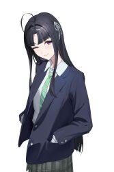 Rule 34 | 1girl, absurdres, ahoge, awa subaru, black hair, blazer, blue jacket, collared shirt, commentary, cowboy shot, diagonal-striped clothes, diagonal-striped necktie, girls band cry, green necktie, grey skirt, hair intakes, hair ribbon, hands in pockets, highres, jacket, long hair, long sleeves, looking at viewer, necktie, one eye closed, open clothes, open jacket, open mouth, parted bangs, plaid, plaid skirt, pleated skirt, purple eyes, ribbon, school uniform, shirt, sidelocks, simple background, skirt, solo, striped clothes, white background, white ribbon, white shirt, yao yang