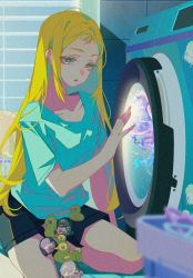 Rule 34 | 1girl, black shorts, blonde hair, blue eyes, blue shirt, blurry, blurry foreground, chinese commentary, commentary, film grain, highres, indoors, jellyfish, jieyangzia85627, kofune ushio, long hair, parted lips, rubber duck, shirt, short sleeves, shorts, sitting, solo, summertime render, washing machine