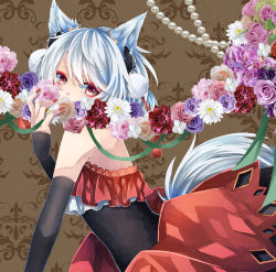 Rule 34 | 1girl, alternate costume, animal ears, arched back, blue flower, blue rose, brown background, covering own mouth, daisy, dougen, dress, elbow gloves, eyeliner, fingerless gloves, fingernails, flower, garland (decoration), gem, gloves, highres, inubashiri momiji, looking at viewer, makeup, nail polish, patterned background, pearl (gemstone), pink flower, pink rose, pom pom (clothes), purple flower, purple rose, red dress, red eyes, red nails, rose, short hair, silver hair, solo, strapless, strapless dress, tail, touhou, wolf ears, wolf tail