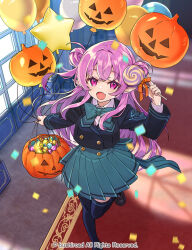 Rule 34 | 1girl, :d, arm up, balloon, black footwear, black jacket, black thighhighs, blazer, blue bow, blue skirt, bow, candy, cardfight!! vanguard, character request, collared shirt, commentary request, confetti, copyright notice, cropped jacket, day, double bun, fangs, food, hair bun, halloween bucket, holding, holding balloon, holding food, indoors, jack-o&#039;-lantern, jacket, loafers, lollipop, long sleeves, miyoshino, official art, open mouth, orange bow, pink hair, pleated skirt, pointy ears, purple eyes, school uniform, shirt, shoes, skirt, smile, solo, standing, standing on one leg, star balloon, sunlight, swirl lollipop, thighhighs, two side up, white shirt, window