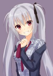 Rule 34 | 1girl, black jacket, black ribbon, blush, casual, collared shirt, commentary request, dracu-riot!, elena olegovna owen, eyelashes, eyes visible through hair, grey hair, grin, gyaoo yuzu soft, hair between eyes, hair ribbon, happy, highres, holding necktie, jacket, long hair, looking at viewer, necktie, off shoulder, open clothes, open jacket, plaid, plaid shirt, purple background, red eyes, red necktie, ribbon, shirt, simple background, sleeves past wrists, smile, solo, twintails, upper body, very long hair, white shirt