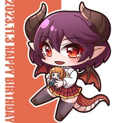 Rule 34 | 1girl, :d, absurdres, anne (shingeki no bahamut), brown background, brown footwear, brown hair, character doll, chibi, commentary request, dated, doll, dragon girl, dragon horns, dragon tail, dragon wings, grea (shingeki no bahamut), grey thighhighs, hair between eyes, happy birthday, highres, holding, holding doll, horns, loafers, long sleeves, manaria friends, open mouth, outline, plaid, plaid skirt, pleated skirt, pointy ears, puffy long sleeves, puffy sleeves, purple hair, red eyes, red skirt, red wings, saishosaisekojo, shirt, shoes, skirt, smile, solo, tail, thighhighs, two-tone background, white background, white outline, white shirt, wings