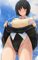 Rule 34 | 1girl, amagami, black hair, black one-piece swimsuit, black skirt, blue sky, blush, bob cut, brown eyes, brown sweater vest, closed mouth, clothes lift, cloud, commentary, competition swimsuit, gluteal fold, highleg, highleg swimsuit, highres, kibito high school uniform, lifted by self, looking at viewer, nanasaki ai, one-piece swimsuit, raised eyebrows, revision, school uniform, shirt, short hair, short sleeves, signature, skirt, skirt lift, sky, smile, solo, split mouth, sweatdrop, sweater vest, swimsuit, swimsuit under clothes, twitter username, white shirt, yoo tenchi