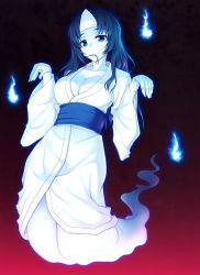 Rule 34 | 1girl, blue fire, blue skin, breasts, cleavage, colored skin, fire, ghost, ghost tail, gradient background, hair in own mouth, japanese clothes, kimono, miyai sen, monochrome, oboro muramasa, otae, solo, triangular headpiece, wide sleeves