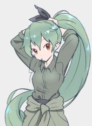 Rule 34 | 10s, 1girl, alternate hair length, alternate hairstyle, anchovy (girls und panzer), arms behind head, black ribbon, collared shirt, commentary, girls und panzer, grey background, grey shirt, hair down, hair ribbon, hair tie, hair tie in mouth, head tilt, kakuzatou (boxxxsugar), long hair, long sleeves, looking at viewer, mouth hold, ponytail, ribbon, shirt, simple background, sleeves rolled up, solo, standing, tied shirt, upper body, very long hair