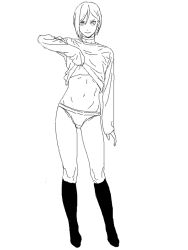 Rule 34 | 1girl, arm up, choker, clothes lift, contrapposto, cosmic bear, greyscale, hair behind ear, kneehighs, lineart, midriff, monochrome, navel, original, panties, parted bangs, shirt, shirt lift, short hair, smile, socks, solo, stomach, underwear