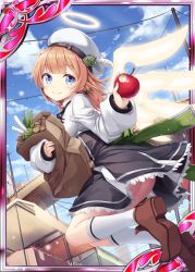 Rule 34 | 1girl, akkijin, angel, angel wings, apple, ass, bag, blue eyes, blue sky, brown hair, card (medium), cloud, day, feathers, food, fruit, green ribbon, halo, hat, hat feather, jumping, market, official art, outdoors, ribbon, shinkai no valkyrie, shoe soles, shoes, sky, socks, wings