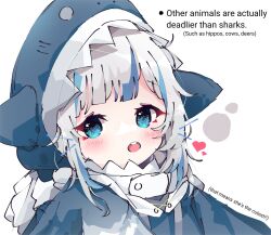 Rule 34 | 1girl, animal costume, animal hood, blue eyes, blue hair, blue hoodie, blunt bangs, commentary, english commentary, english text, gawr gura, gawr gura (1st costume), grey hair, highres, hololive, hololive english, hood, hood up, hoodie, koyoinacho, looking at viewer, multicolored hair, open mouth, shark costume, shark girl, shark hood, sidelocks, simple background, solo, streaked hair, teeth, upper body, upper teeth only, virtual youtuber, white background