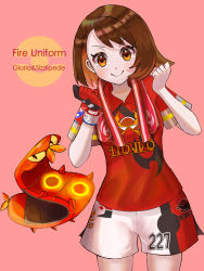 Rule 34 | 1girl, arms up, black gloves, blush, bob cut, brown eyes, brown hair, character name, clenched hands, collar, collared shirt, creatures (company), determined, duplicate, dynamax band, game freak, gen 8 pokemon, gloria (pokemon), gloves, gym uniform, jersey, light blush, nintendo, numbered, poke ball symbol, pokemon, pokemon (creature), pokemon swsh, red background, red gloves, red shirt, red shorts, setta shu, shirt, short hair, short sleeves, shorts, simple background, single glove, sizzlipede, smile, swept bangs, towel, towel around neck, two-tone gloves, two-tone shorts, v arms, white shorts