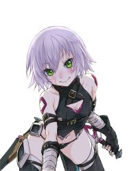 Rule 34 | 1girl, bandaged arm, bandages, bare shoulders, belt, black gloves, black thighhighs, blush, breasts, cleavage, cleavage cutout, clothing cutout, fate/apocrypha, fate (series), fingerless gloves, gloves, green eyes, highres, holding, holding weapon, jack the ripper (fate/apocrypha), knife, leaning forward, looking at viewer, medium breasts, navel, scar, scar across eye, scar on face, sheath, short hair, silver hair, simple background, sjw kazuya, smile, solo, thighhighs, weapon, white background