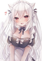 Rule 34 | 1girl, :d, animal ears, apron, black bow, black dress, blush, bow, breasts, cat ears, cat girl, cat tail, cleavage, collarbone, commentary request, dress, fang, frilled apron, frills, hair between eyes, heart, highres, holding, holding tray, looking at viewer, maid, maid headdress, medium breasts, multicolored hair, open mouth, original, puffy short sleeves, puffy sleeves, red eyes, ringouulu, short sleeves, simple background, smile, solo, tail, tail raised, tray, twitter username, two-tone hair, two side up, white apron, white background, white hair