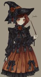 Rule 34 | 1girl, absurdres, alternate costume, bad id, bad twitter id, black bow, black hat, black neckwear, black shirt, bow, closed mouth, commentary, cowboy shot, danganronpa (series), danganronpa v3: killing harmony, dress, dress flower, finnidis, flower, frills, grey background, hair ornament, hand up, hat, hat flower, heart, heart print, highres, holding, holding wand, long sleeves, looking at viewer, red eyes, red flower, red hair, red rose, red skirt, ribbon, rose, shirt, short hair, simple background, skirt, solo, standing, wand, witch hat, yumeno himiko