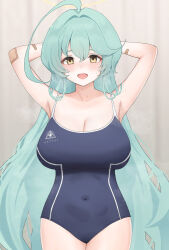 Rule 34 | 1girl, absurdres, ahoge, armpits, bare arms, bare legs, bare shoulders, black one-piece swimsuit, blue archive, blush, breasts, collarbone, cowboy shot, green hair, grey background, hair between eyes, halo, highres, huge ahoge, jimwh37, large breasts, long hair, looking at viewer, one-piece swimsuit, open mouth, school swimsuit, simple background, smile, solo, swimsuit, yellow eyes, yellow halo, yume (blue archive)
