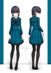 Rule 34 | 1girl, :|, absurdres, artist name, black eyes, black footwear, black hair, black pantyhose, blue dress, bow, braid, breasts, closed mouth, dress, dress shoes, full body, hair over shoulder, highres, long sleeves, looking at viewer, medium hair, multiple views, original, pantyhose, sailor collar, shoes, simple background, small breasts, standing, tauyuki saema, twin braids, white background