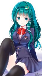 Rule 34 | 1girl, alternate costume, aqua eyes, aqua hair, arm support, black thighhighs, blazer, blue hairband, bow, bowtie, breasts, closed mouth, dated, emblem, foreshortening, frog hair ornament, gradient background, hair ornament, hair tubes, hairband, jacket, knee up, kochiya sanae, leaning back, light frown, long hair, looking at viewer, medium breasts, pleated skirt, purple background, purple jacket, purple skirt, red bow, red bowtie, school uniform, sidelocks, signature, skirt, snake hair ornament, solo, tareme, thighhighs, touhou, yamaguchi yuu, zettai ryouiki