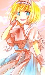 Rule 34 | 1girl, alice margatroid, arm up, ascot, blonde hair, blue dress, blue eyes, capelet, dress, hairband, highres, knora, open mouth, sash, short hair, touhou, wrist cuffs