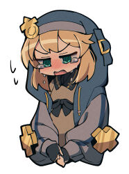 Rule 34 | 1boy, androgyne symbol, black gloves, blonde hair, bridget (guilty gear), brown dress, commentary request, cropped torso, crying, crying with eyes open, dress, fingerless gloves, gloves, green eyes, guilty gear, guilty gear strive, highres, hood, hood up, hooded jacket, itsuka neru, jacket, long hair, long sleeves, male focus, medium hair, open clothes, open jacket, open mouth, solo, tears, trap, upper body