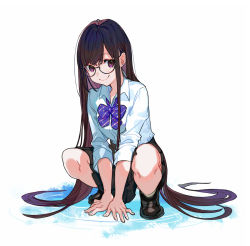 Rule 34 | 1girl, black-framed eyewear, black footwear, black skirt, bow, bowtie, brown hair, collared shirt, commentary request, full body, glasses, loafers, long hair, looking at viewer, original, pleated skirt, purple eyes, school uniform, shirt, shoes, simple background, skirt, sleeves rolled up, smile, solo, squatting, v arms, very long hair, white background, white shirt, wing collar, yuu (higashi no penguin)