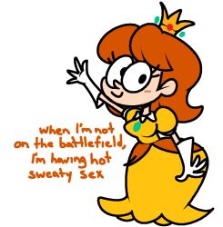 Rule 34 | 1girl, arm up, black eyes, blush, blush stickers, breasts, closed mouth, crown, dress, english text, female focus, full body, gloves, happy, jaggy lines, looking at viewer, mario (series), medium hair, mini crown, nintendo, orange dress, orange hair, outstretched arm, princess daisy, puffy short sleeves, puffy sleeves, short sleeves, simple background, small breasts, smile, solo, standing, super mario land, talking, vilepluff, waving, white background, white gloves, yellow headwear