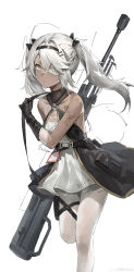 Rule 34 | 1girl, absurdres, anti-materiel rifle, arm tattoo, black gloves, closed mouth, dark-skinned female, dark skin, dress, eyepatch, girls&#039; frontline, gloves, grey eyes, grey hair, gun, gun on back, hair ornament, hairclip, highres, hs.50 (girls&#039; frontline), huomianbao39445, long hair, pantyhose, rifle, simple background, sniper rifle, solo, tattoo, twintails, weapon, weapon on back, white background, white dress, white pantyhose