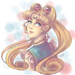 Rule 34 | 1girl, artist request, bishoujo senshi sailor moon, blonde hair, blue eyes, earrings, facial mark, forehead mark, jewelry, long hair, lowres, necklace, over shoulder, sailor collar, sailor moon, smile, solo, source request, tsukino usagi, victory rolls