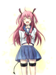 Rule 34 | 10s, 1girl, angel beats!, closed eyes, courreges ace, face, midriff, open mouth, school uniform, serafuku, simple background, smile, solo, tail, thigh strap, yui (angel beats!)
