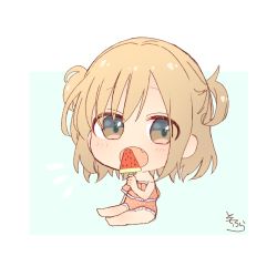 Rule 34 | 1girl, :o, bare arms, bare shoulders, barefoot, big head, blue background, blush, brown eyes, brown hair, chibi, fang, food, full body, hair between eyes, highres, holding, holding food, looking at viewer, multicolored hair, notice lines, one-piece swimsuit, open mouth, original, pink one-piece swimsuit, popsicle, signature, sitting, sofra, solo, strapless, strapless one-piece swimsuit, swimsuit, two-tone hair, two side up, watermelon bar, white background