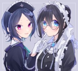 Rule 34 | 2girls, :d, alternate costume, aqua eyes, bespectacled, black hair, blue hair, dark blue hair, enmaided, finger to mouth, framed, frilled hairband, frills, glasses, hairband, hayami kanade, highres, idolmaster, idolmaster cinderella girls, idolmaster cinderella girls starlight stage, looking at viewer, maid, multiple girls, open mouth, parted bangs, red eyes, sagisawa fumika, salai, simple background, smile, upper body
