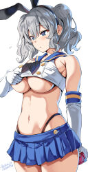 Rule 34 | 1girl, :o, animal ears, artist name, ass, bare shoulders, belko, black neckerchief, blue eyes, blue sailor collar, blue skirt, breasts, condom, condom wrapper, cosplay, dated, elbow gloves, fake animal ears, flying sweatdrops, gloves, grey hair, highleg, highleg panties, highres, kantai collection, kashima (kancolle), large breasts, microskirt, midriff, navel, neckerchief, panties, rabbit ears, sailor collar, school uniform, serafuku, shimakaze (kancolle) (cosplay), shirt, signature, simple background, skirt, sleeveless, sleeveless shirt, solo, tight clothes, tight shirt, tug, twintails, underboob, underwear, white background, white gloves