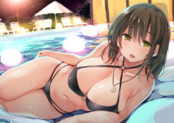 Rule 34 | 1girl, absurdres, air mattress, bare arms, bare shoulders, bikini, black bikini, blush, breasts, brown hair, cleavage, collarbone, commentary request, earrings, green eyes, halterneck, highres, hitoi, jewelry, large breasts, light, long hair, looking at viewer, natsume minori, navel, necklace, night, on bed, open mouth, original, outdoors, pool, solo, swimsuit, water, wet