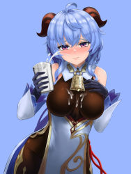 Rule 34 | 1girl, absurdres, ahoge, bare shoulders, bell, black gloves, black legwear, blue background, blue hair, blush, breasts, cup, detached sleeves, drinking glass, gamma (muop9093), ganyu (genshin impact), genshin impact, glass, gloves, gold trim, hand on own chest, highres, horns, large breasts, long hair, looking at viewer, milk, neck bell, purple eyes, sexually suggestive, sidelocks, solo, spill, spilled milk, spilling, suggestive fluid, white sleeves