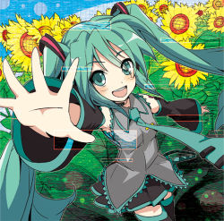 Rule 34 | 00s, 1girl, aqua eyes, aqua hair, flower, foreshortening, hatsune miku, ixy, long hair, matching hair/eyes, outstretched hand, smile, solo, sunflower, thighhighs, twintails, vocaloid, zettai ryouiki