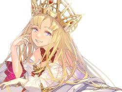 Rule 34 | 1girl, bare shoulders, blonde hair, crown, europa (fate), fate/grand order, fate (series), highres, long hair, nail polish, pink nails, purple eyes, redjuice, signature, smile, solo, white background