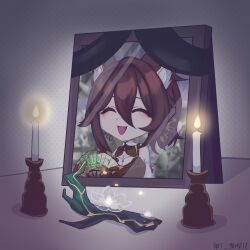 Rule 34 | 1girl, animal ears, brown hair, candle, fox ears, fox girl, funeral, highres, honkai: star rail, honkai (series), indoors, picture frame, ponytail, portrait (object), smile, spanish commentary, spoilers, tingyun (honkai: star rail), wallpaper (object), yoheit