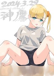 Rule 34 | 1girl, alternate costume, artist name, asava (hutaitenn), black shorts, blonde hair, blue eyes, character name, dated, feet out of frame, hair ornament, hair scrunchie, highres, kantai collection, long hair, orange scrunchie, panties, panties under shorts, scrunchie, shin&#039;you (kancolle), shirt, shorts, simple background, solo, t-shirt, underwear, white background, white panties, white shirt