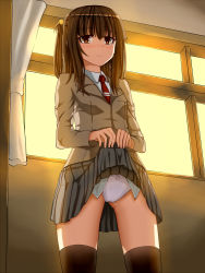 Rule 34 | 1girl, black thighhighs, blush, bow, bow panties, brown eyes, clothes lift, curtains, hair bobbles, hair ornament, long hair, necktie, original, panties, pleated skirt, skirt, skirt lift, smile, solo, thighhighs, underwear, upskirt, white panties, window, yakob labo