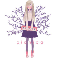 Rule 34 | 1girl, bad id, bad pixiv id, blonde hair, blush, bow, closed eyes, female focus, flower, full body, hair bow, hair flower, hair ornament, holding, instrument, keyboard (instrument), long hair, long skirt, original, pantyhose, plant, pleated skirt, red footwear, shoes, simple background, skirt, smile, sneakers, solo, standing, tamayo, white background