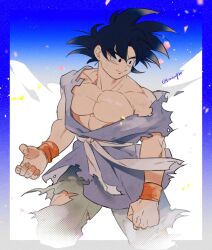 Rule 34 | 1boy, black hair, closed mouth, cuuupo, dougi, dragon ball, dragonball z, falling petals, large pectorals, male focus, muscular, muscular male, pants, pectorals, petals, short hair, simple background, smile, solo, son goku, spiked hair, torn, torn clothes, torn pants, twitter username, wristband