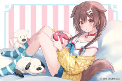 Rule 34 | 1girl, 2023, animal ears, belt, belt collar, blue nails, blush, bone hair ornament, braid, brown eyes, brown hair, cardigan, collar, commentary request, company name, controller, dated commentary, dog, dog ears, dog girl, dog tail, extra ears, from side, fukahire (ruinon), futo-inu, game controller, hair ornament, holding, holding controller, holding game controller, hololive, hoso-inu, inugami korone, looking at viewer, off shoulder, official art, open cardigan, open clothes, parted lips, red belt, sitting, socks, solo, striped clothes, striped socks, tail, twin braids, virtual youtuber, yellow cardigan